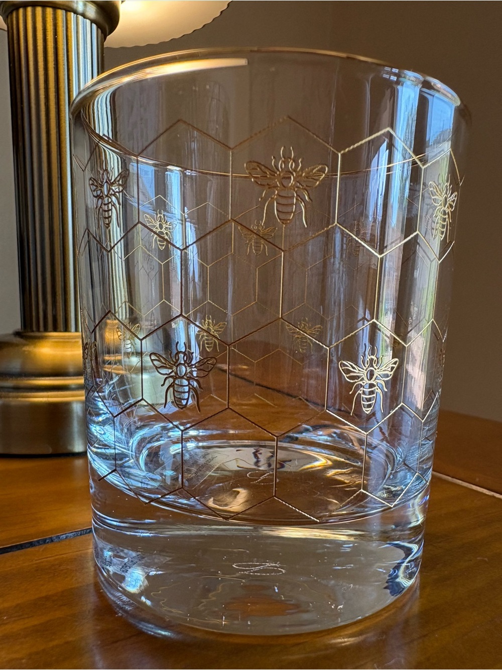 William & Sonoma Clear Glass Tumbler with Gold Bee & Honeycomb Detail